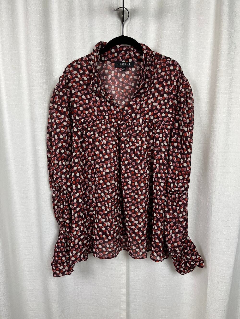 Eloquii Brown&Pink Dot Print Sheer Blouse Sz.28W